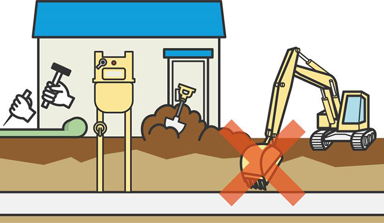 万が一、ガス管を損傷した場合は作業上、可能な範囲で損傷個所をウエス・テープなどで仮止めしてください。工事中止、火気厳禁などを指示後、昭島ガスに連絡してください。